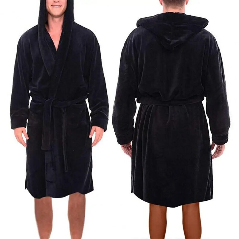 Chic Ankle Length Solid Color Open Stitch Winter Warm Hooded Long Fleece Home Gown Sleepwear Men Nightgown Anti-freeze