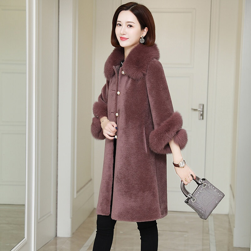 AYUNSUE-여우털 칼라 양털 깎기 자켓 및 코트 여성용, 우아한, 양모, 모피 코트, 100%