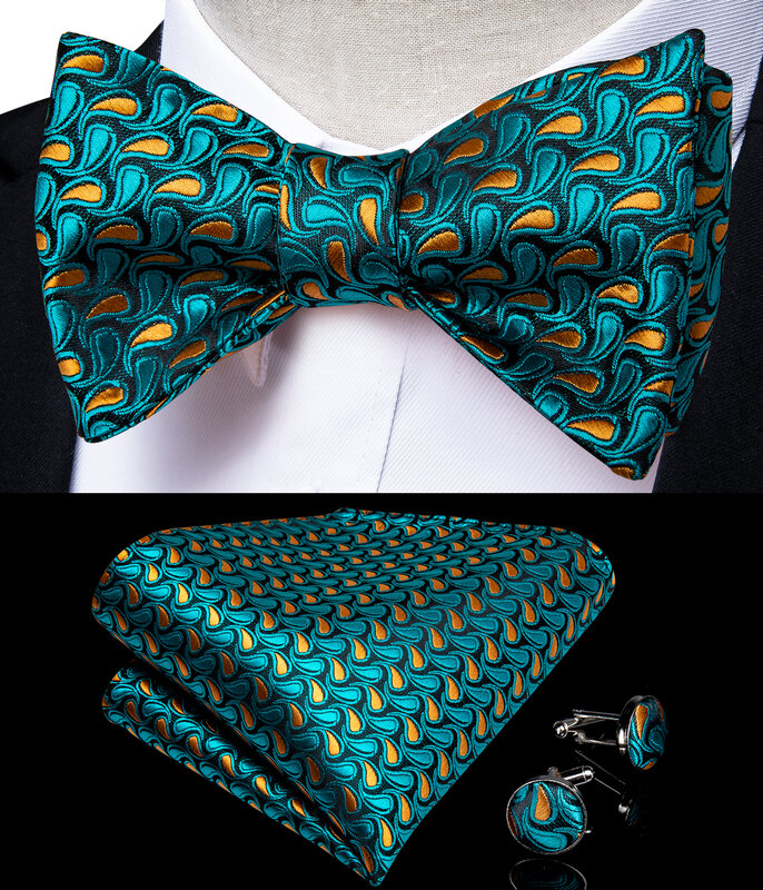 Moda blu verde Self-tie papillon per uomo matrimonio ufficio gemelli tasca spille quadrate Set accessori uomo cravatta Paisley