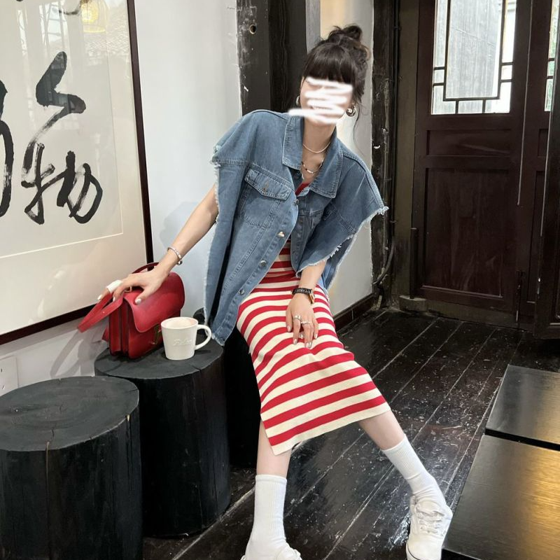 Women's Clothes 2023 Spring/Summer New Retro Stripe Knitted Split Tank Top Dress Design Feel Loose Denim Vest Two Piece Set