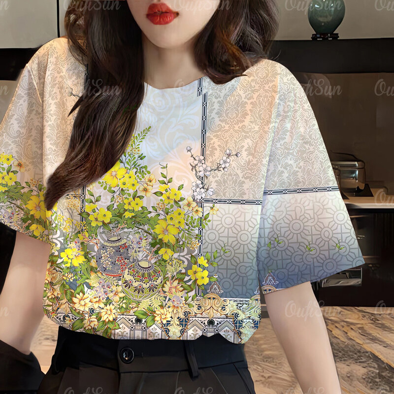 Camiseta estampada em flores 3D feminina, camiseta com gola redonda, manga curta, roupa solta, barroco, moda casual, primavera, verão