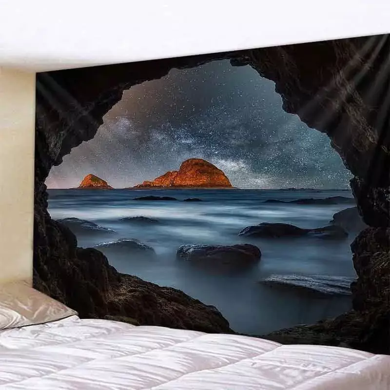 Stiker dinding permadani, seni kanvas ruang tamu dekorasi gua pantai matahari terbenam