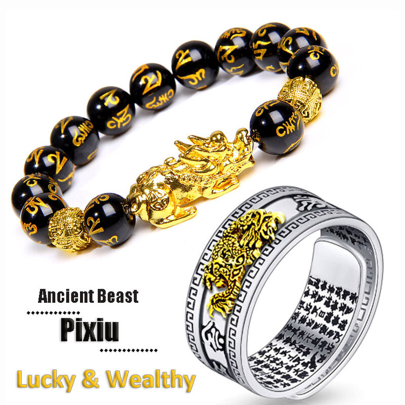 Homens unisex pixiu encantos anel pulseira chinesa feng shui amuleto riqueza e sorte aberto ajustável anel pulseira de talão