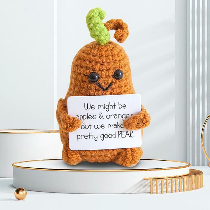 Boneca de malha Crochet com cartão positivo, Pêra engraçada, Brinquedo presente para encorajamento, Anime-se
