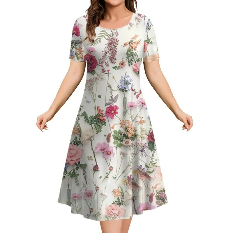 Gaun longgar wanita musim panas, baju gaya motif bunga, lengan pendek, baju selutut, pakaian kasual wanita leher bulat Y2k