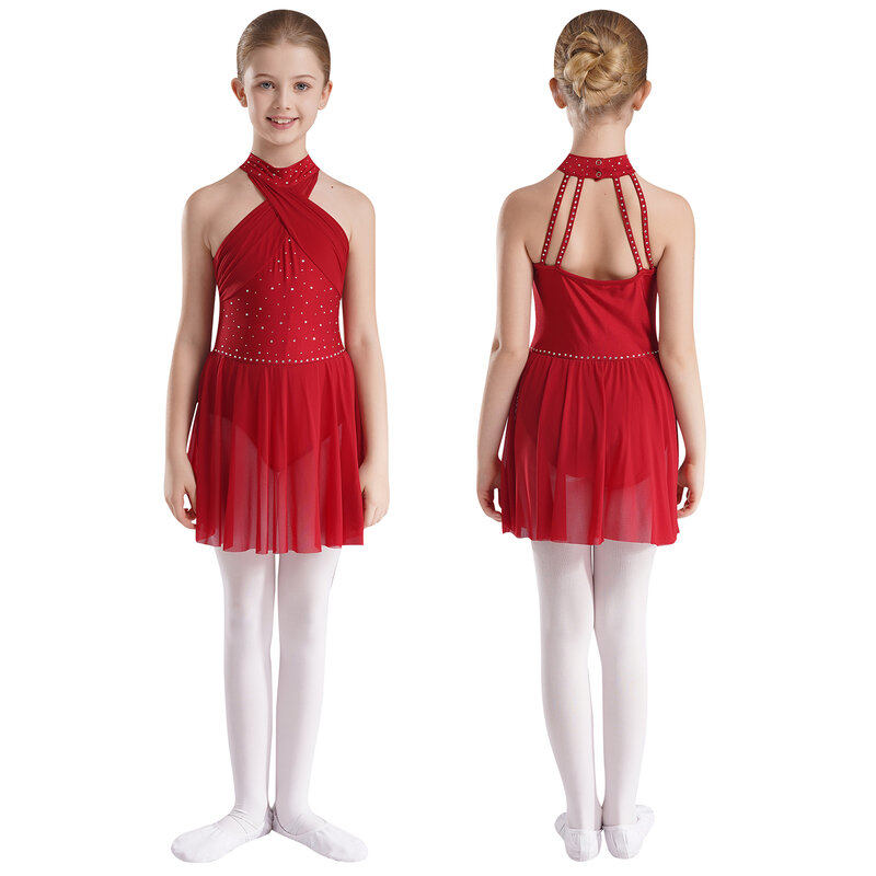 Kids Girls Figure Skating Modern Lyrical Dance Dress Leotard Ballet Gymnastics Dancewear Sleeveless Shiny Rhinestones Costume