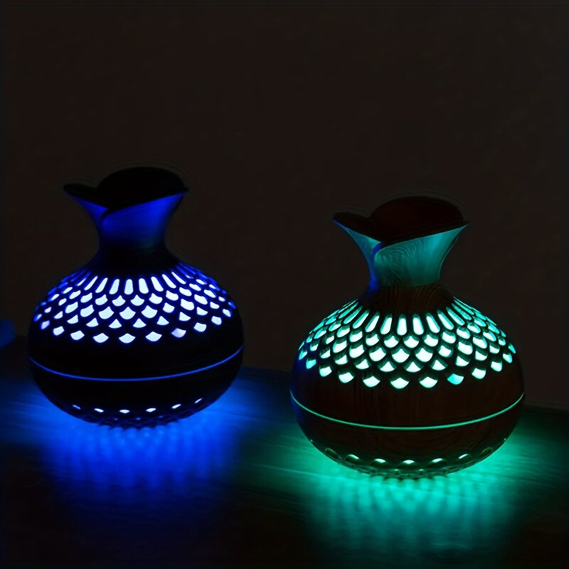 Umidificador Cool Mist com Luz Colorida, Difusor De Óleo De Aromaterapia, USB Mini Umidificador De Ar, Vaso De Madeira, 300ml
