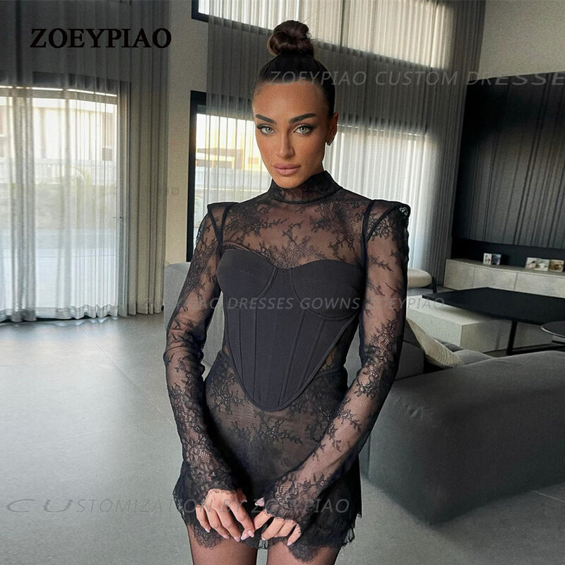 Black Sexy Short Party Cocktail Dresses Long Sleeves High Neck Full Sleeves Mini Evening Gowns Night Event Club Israeli Dress