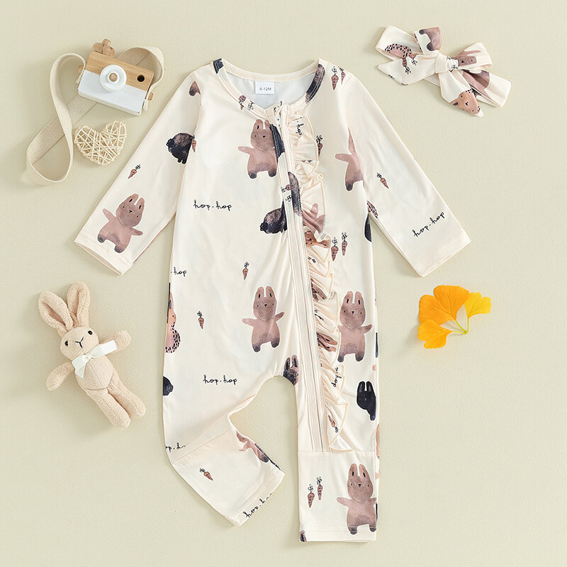 Baby Girl Easter Outfit manica lunga Bunny carota pagliaccetto tuta Ruffle Zipper Cute Infant Rabbit Clothes