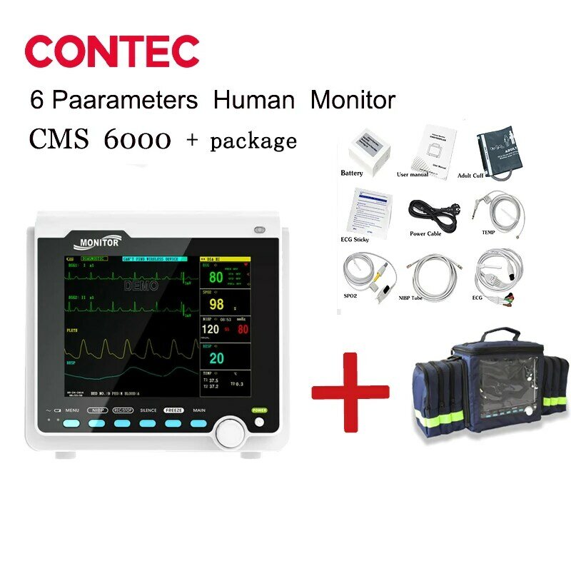CONTEC-Monitor Portátil de Pacientes Neonatos para Adultos e Crianças, 6 Parâmetros, ECG, NIBP, RESP, SPO2, PR, TEMP, Sinais Vitais, CMS6000