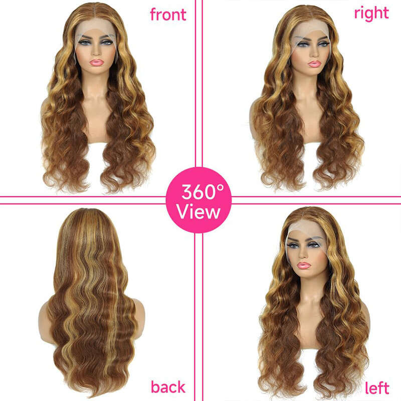 Perruque Lace Front Wig Body Wave naturelle, cheveux humains, balayage ombré, brun blond HD, 13x4, 4/27