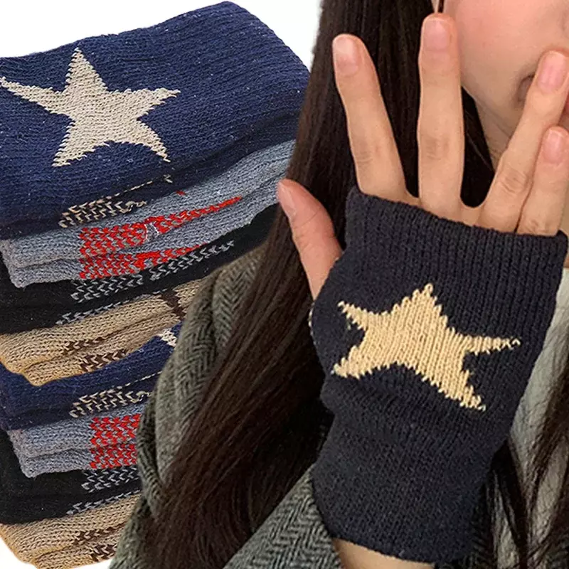 Jesienno-zimowe wełniane rękawiczki z dzianiny Ins Fashion Y2K męskie półpalcowe rękawiczki bez palców gwiazda pięcioramienna Unisex