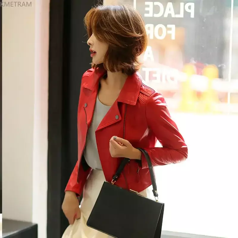 Jaket kulit asli untuk wanita, jaket kulit domba asli wanita, jaket kulit merah ramping pendek 2024, obral besar