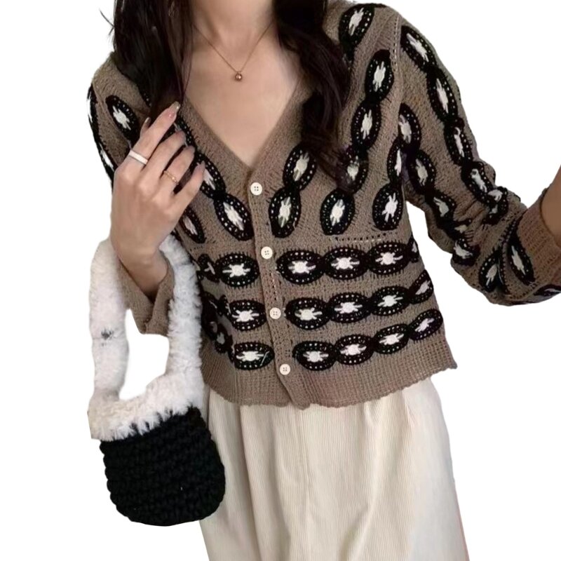 Suéter chique vazado malha bordado com botões, cardigã elegante quente para mulheres 10CF
