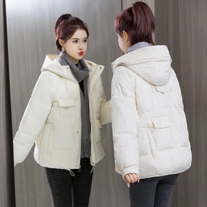 Casaco curto acolchoado de algodão grosso e quente feminino, jaqueta de inverno, parka solta com capuz, sobretudo, casual, feminino, novo