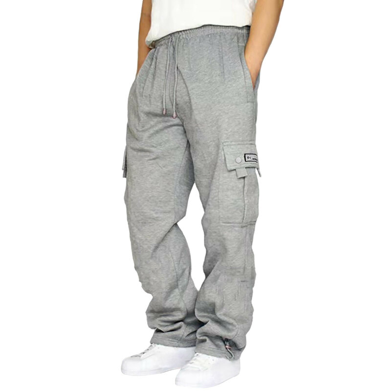Męska spodnie do biegania Fitness ze sznurkiem luźna talia jednolity kolor kieszonkowe spodnie dresowe Cargo luźne spodnie typu Casual