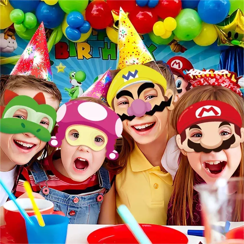 12 buah topeng setengah wajah pesta tema Super Mario dekorasi properti Cosplay ulang tahun anak-anak topeng kertas fotografi bola rias