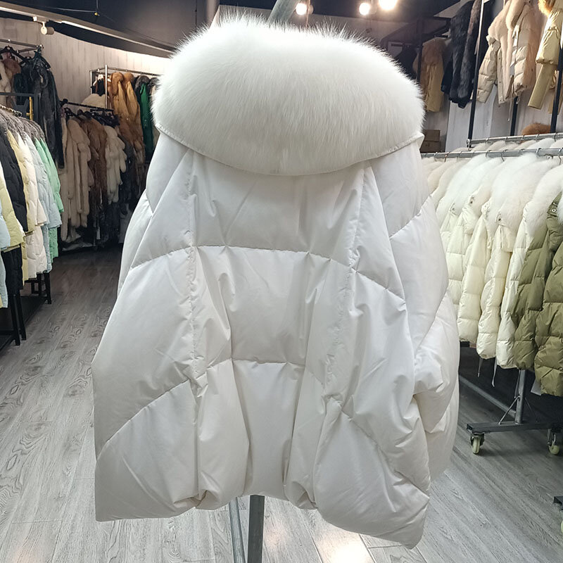 Casaco de ganso real com gola de pele de raposa genuína para mulheres, casaco grosso quente, pele natural, moda solta, alta qualidade, inverno