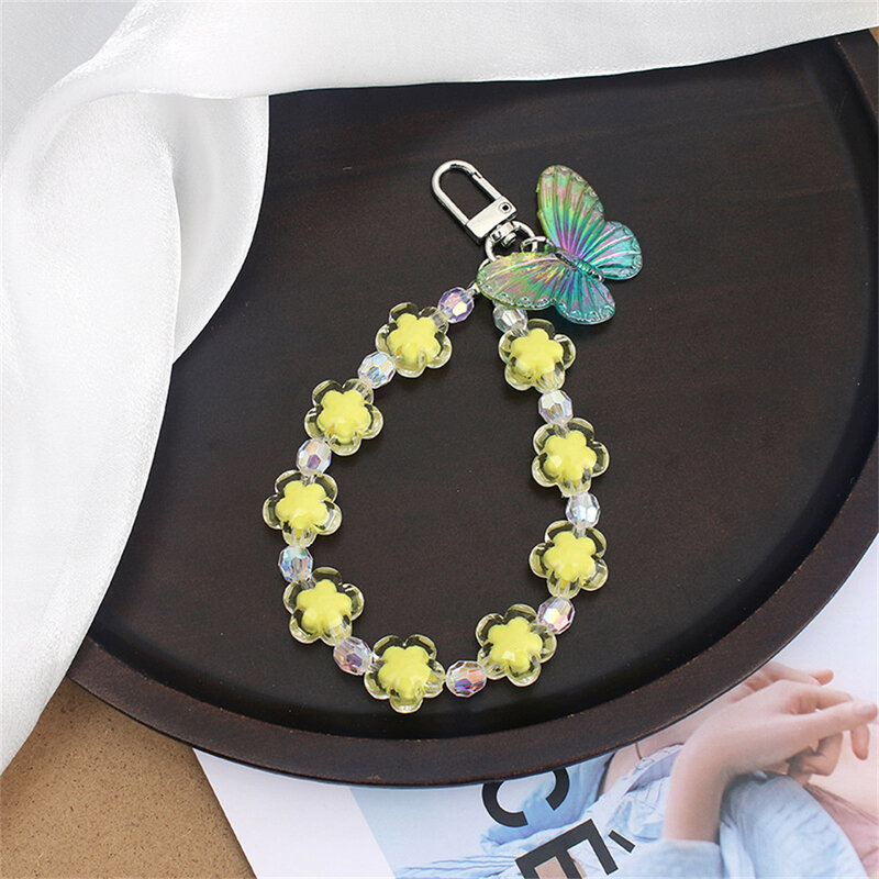 Candy Color Crystal Flower Butterfly Keychain Bag Backpack Pendant Phone Case Charm Decor Kpop Key Holder Jewelry Accessories