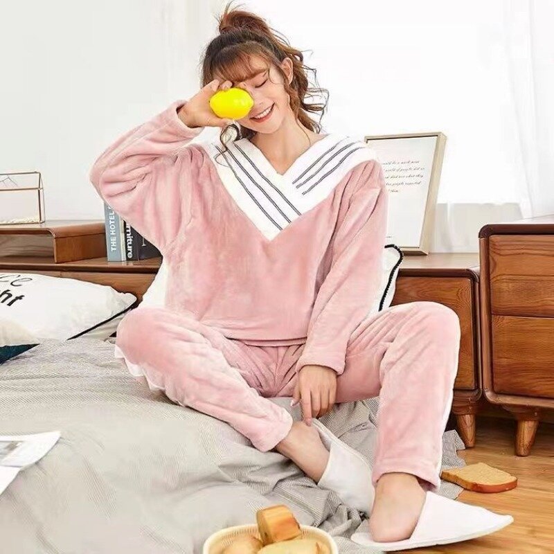Pajamas female Spring autumn Can be worn outside Young beautiful plus velvet thickened high appearance level lazy loose version