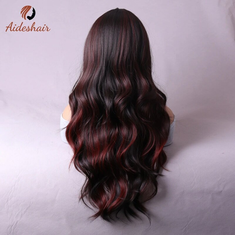 Red Wigs with Bangs Long Wavy Wig for Women Ombre Red Wigs with Bangs Synthetic Heat Resistant Fiber Wigs for Daily 28 Inch