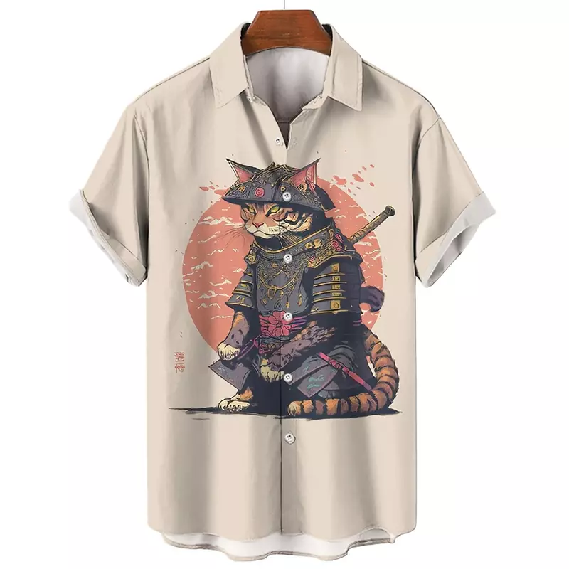 남녀공용 하와이안 셔츠, 3D 프린트, 빈티지 일본 사무라이 고양이 그래픽 셔츠, 하라주쿠 반팔 티 탑
