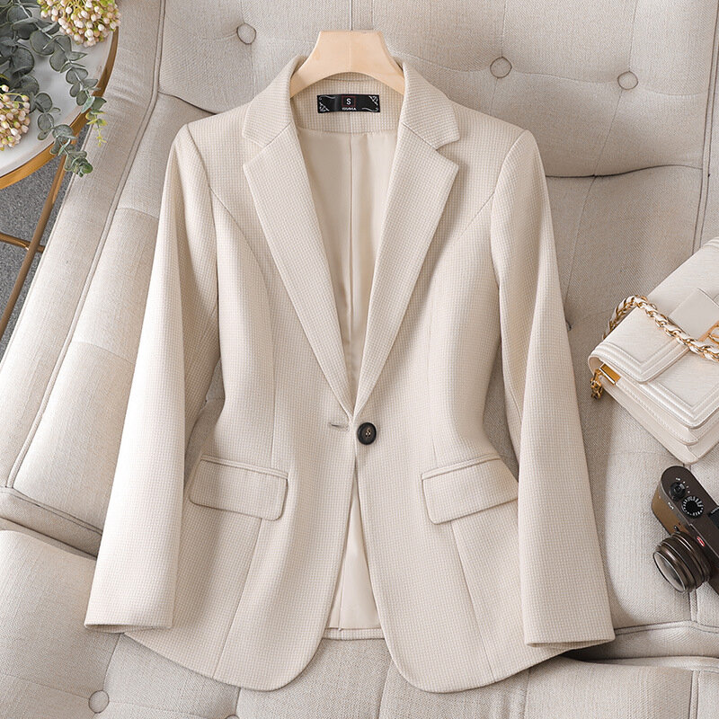 Houndstooth Blazer jaket bisnis wanita, Luaran mantel Formal lengan panjang kancing tunggal musim gugur dan dingin