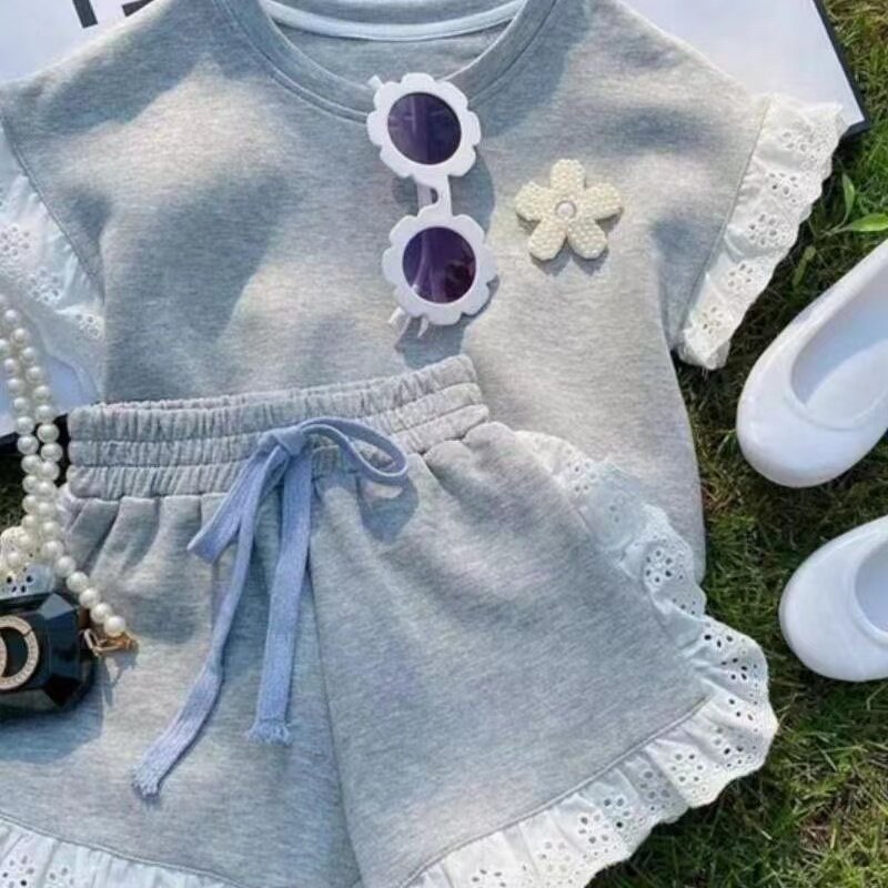 Girls Clothing Suit Children Short-Sleeved Shirt Shorts 2 Pcs Sets Baby Loungewear Fashion Summer Lace Outfits 2 4 6  T New 2024