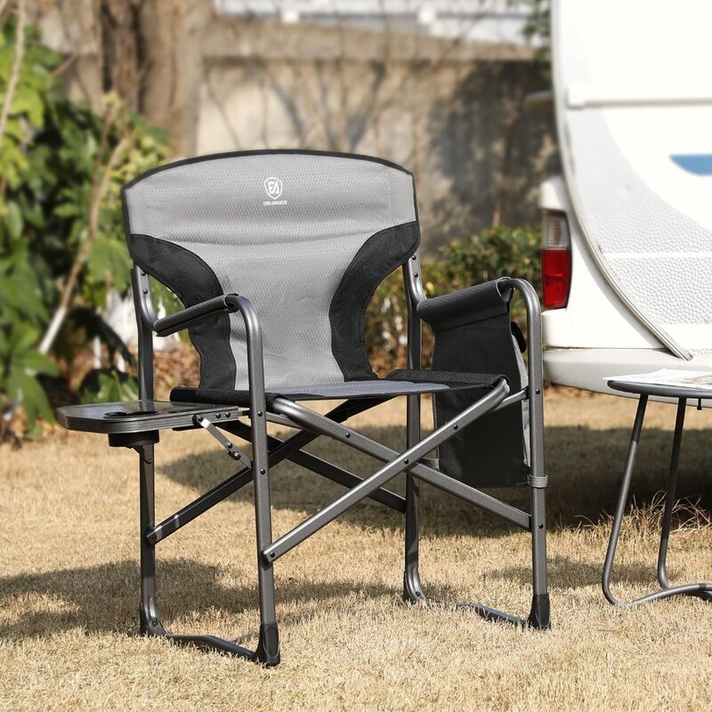 Kursi berkemah lipat, kursi berkemah ringan luar ruangan, aluminium, dengan meja samping dan kantong penyimpanan, kursi berkemah