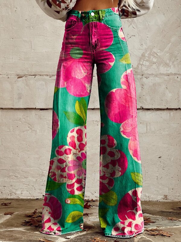 Fashionable women's wide leg pants with sunflower flower design for daily shopping and casual men's wide leg pants