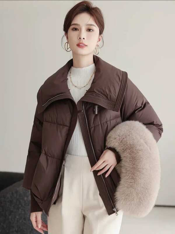 女性用ダックダウンジャケット,大きくて厚い,取り外し可能な襟,小,短,ネイビーカラー,新しい冬