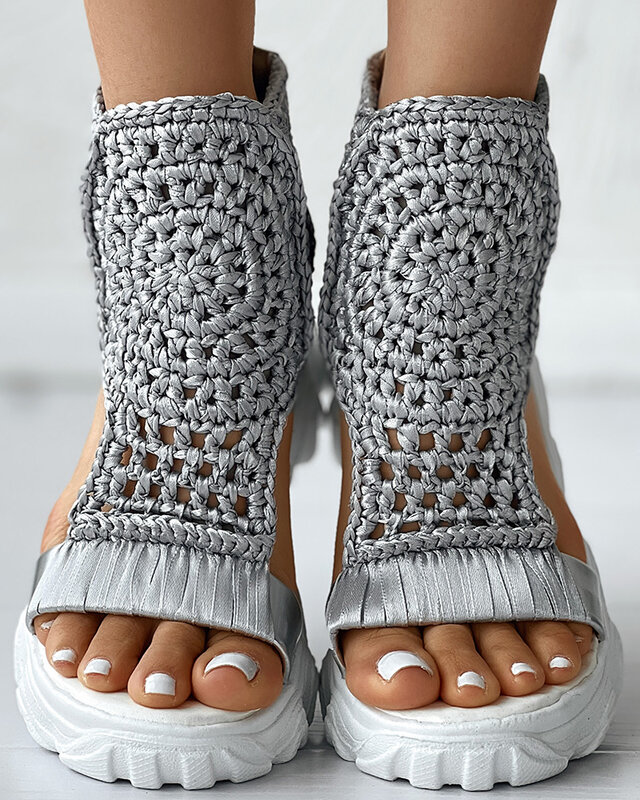 Sandali donna sandali con zeppa geometrici intrecciati scarpe estive elastiche lavorate a maglia sandali piatti in rete scarpe con plateau femminili vuote oro
