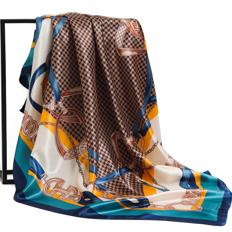 Платок женский Шелковый с принтом, квадратная шаль 90 х90 см для офиса, мусульманский платок-хиджаб, женский платок