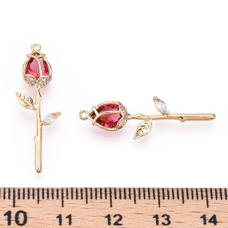 2pcs Rose Flower Charms Brass Cubic Zirconia Pendants Real 18K Gold Plated for Bracelet Necklace Jewelry Making Crafts 29x9x5mm