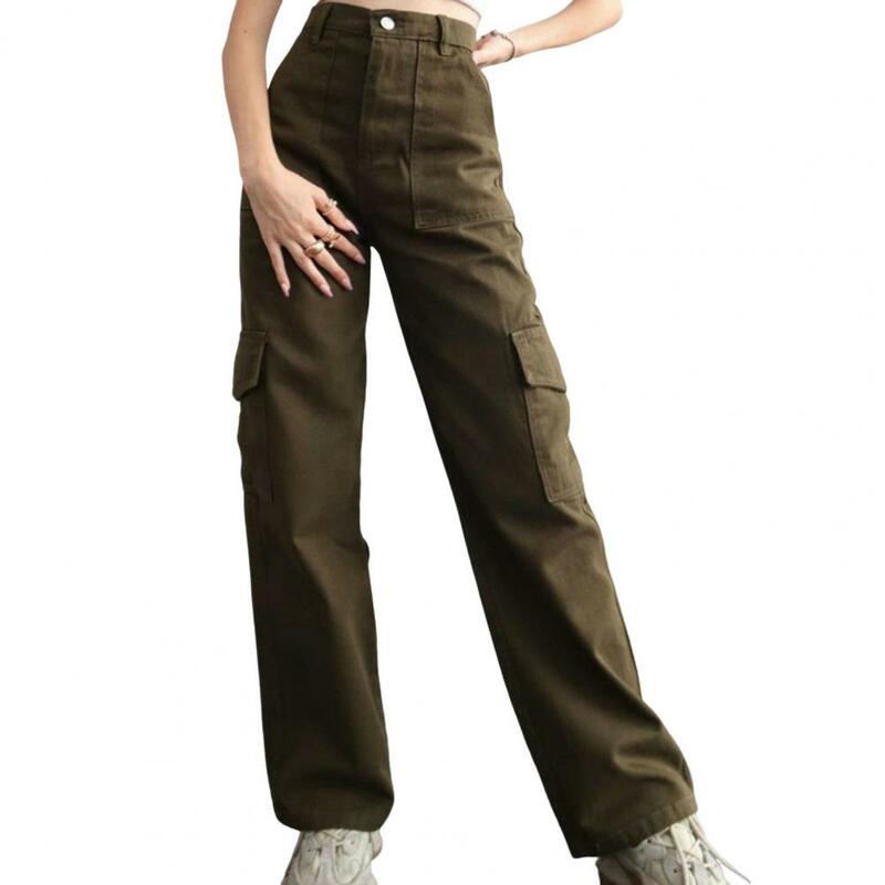 Celana kargo wanita, celana kargo pinggang tinggi kancing ritsleting banyak saku, celana panjang kaki lurus warna Solid Streetwear