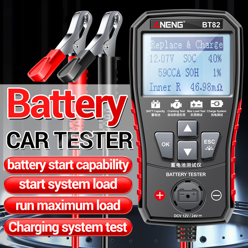ANENG-Testeur de batterie de voiture BT82, 12V, 24V, système de charge, écran LCD clair, outil de test de défaut de moto automatique