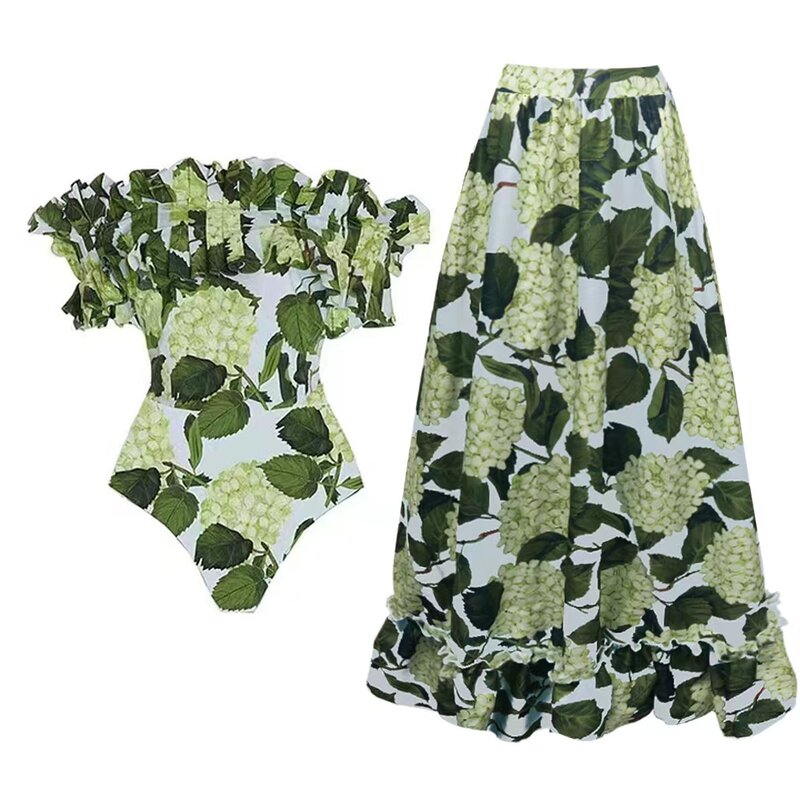 녹색 꽃 프린트 서스펜더 해변 롱 스커트, 타이트한 웨이스트 비키니, 캐주얼 로맨틱 패션, 2023 여성 여름