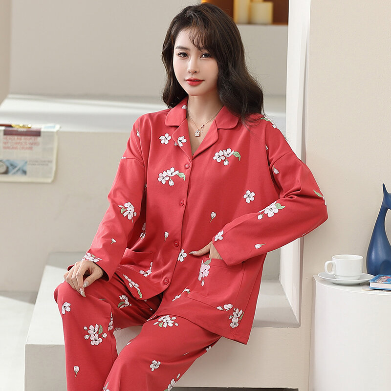 Conjunto de pijamas de manga larga para mujer, ropa de dormir con cuello vuelto, Floral, para primavera y otoño, novedad de M-3XL