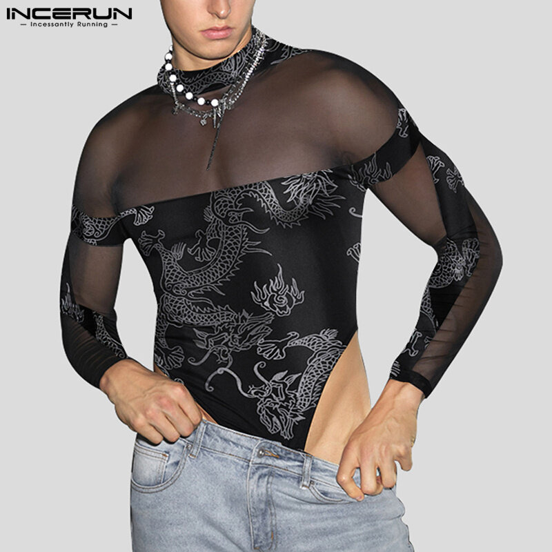Sexy Style New Men's Jumpsuits Fashion Casual Splicing Ethnic Dragon Pattern Printed Mesh High Neck Bodysuits S-5XL INCERUN 2023