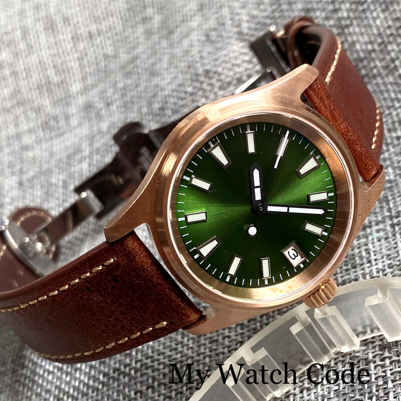 Montre mécanique de plongée en Bronze véritable pour hommes, 36mm, pilote NH35A Movt Lady, montre-bracelet Sunburst vert Olive 20Bar rétro, horloge Vintage