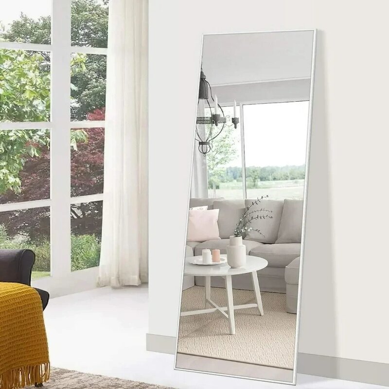 Espejo de piso a techo para dormitorio, tocador con soporte de pie, rectangular, grande, montado en la pared, plateado