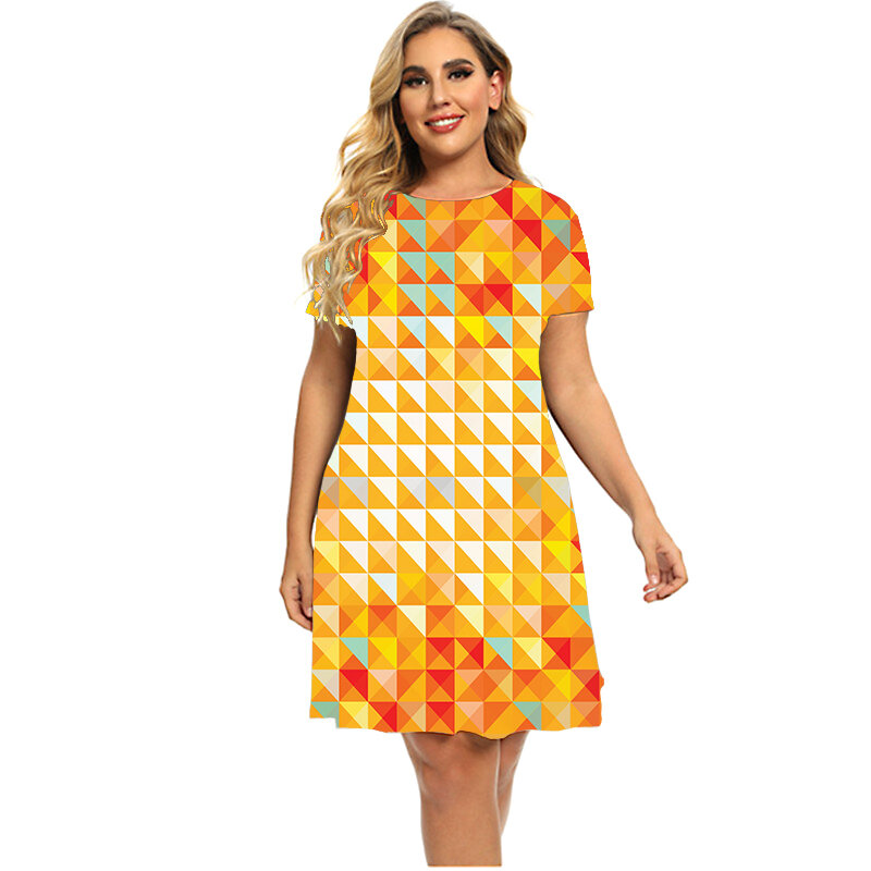 Bunte 3D Geometrie Print Kleid Frauen Mode Oversize Kleidung Lose Sommer Kurzarm O-ansatz Mini Kleid Plus Größe Kleid 6XL