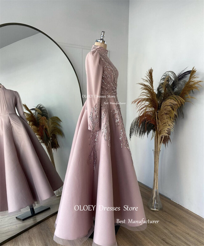 OLOEY Modest Muslim Dubai Arabic Women Evening Dresses Dusty Pink High Neck Long Sleeves Sequin Lace Formal Prom Gowns 2023