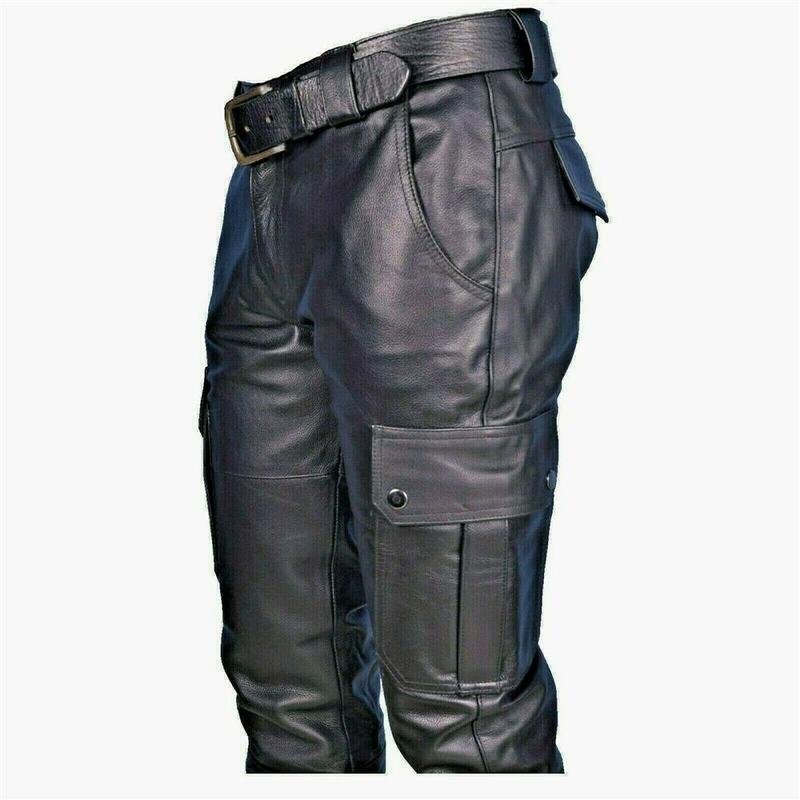 Pantalones de motocicleta de cuero para hombre, pantalón negro de PU sin cinturón, bolsillos Cargo, talla grande S-5XL