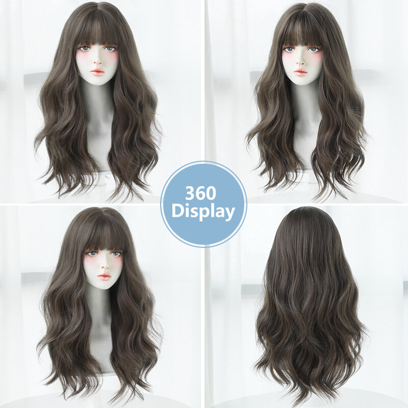 7JHH WIGS Loose Body Wave Cool Brown Hair Wigs with Neat Bangs High Density Synthetic Wavy Hair Wig for Women Daily Routine Wig