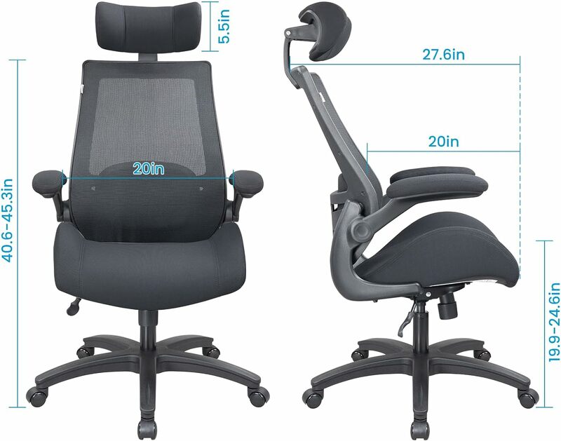 BOLISS kursi kantor jaring ergonomis 400lbs, kursi meja punggung tinggi-sandaran kepala dapat disesuaikan dengan lengan lipat, fungsi miring, pinggang