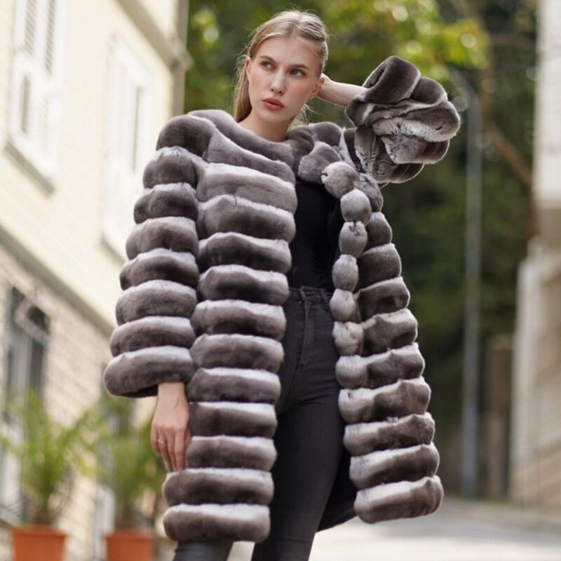 เสื้อผ้าฤดูหนาวเสื้อโค้ทขนกระต่ายชินชิล่าสำหรับผู้หญิงแจ็คเก็ตพู่ขนกระต่ายธรรมชาติอบอุ่นหรูหรา