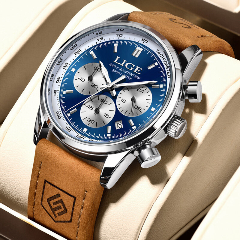 LIGE-Relógio quartzo de couro impermeável masculino, cronógrafo luminoso, relógio casual de luxo, alta qualidade
