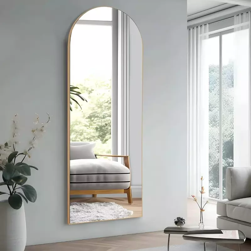 Arched Full Length Floor Mirror com suporte, forma arqueada, montado na parede, pendurado ou encostado na parede, Natural, 64 em x 21 em