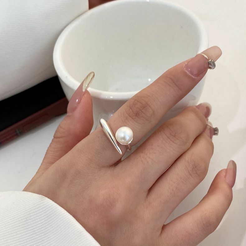 แหวนเงินสเตอร์ลิง BF 925คลับสำหรับผู้หญิงแหวนไข่มุกแบบเรียบง่ายเปิดแบบวินเทจแพ้ง่ายสำหรับปาร์ตี้ของขวัญวันเกิด